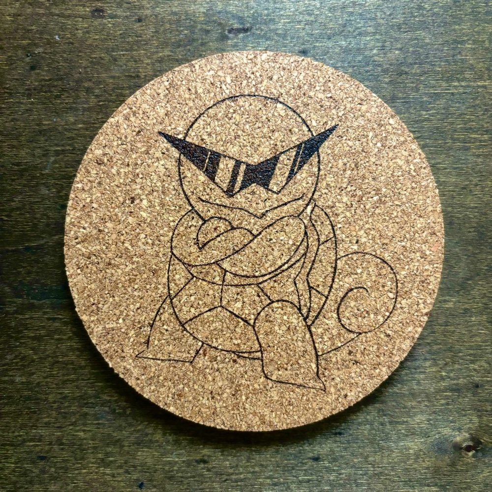 Squirtle with Sunglasses Laser Engraved Cork Coaster